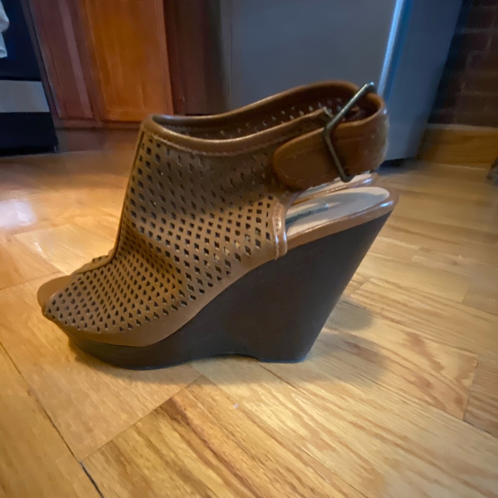 Brown crochet wedges platform